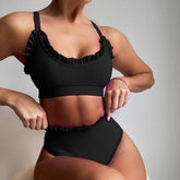 Traje de baño de bikini dividido con volantes de color sólido sexy